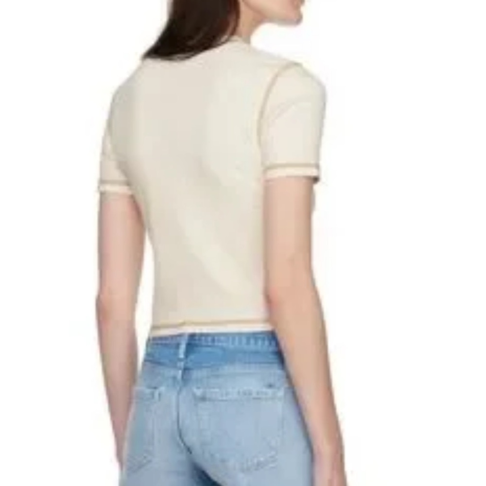 Frame- Contrast Stitch Rib-knit T-shirt In Bone - Picture 6 of 8